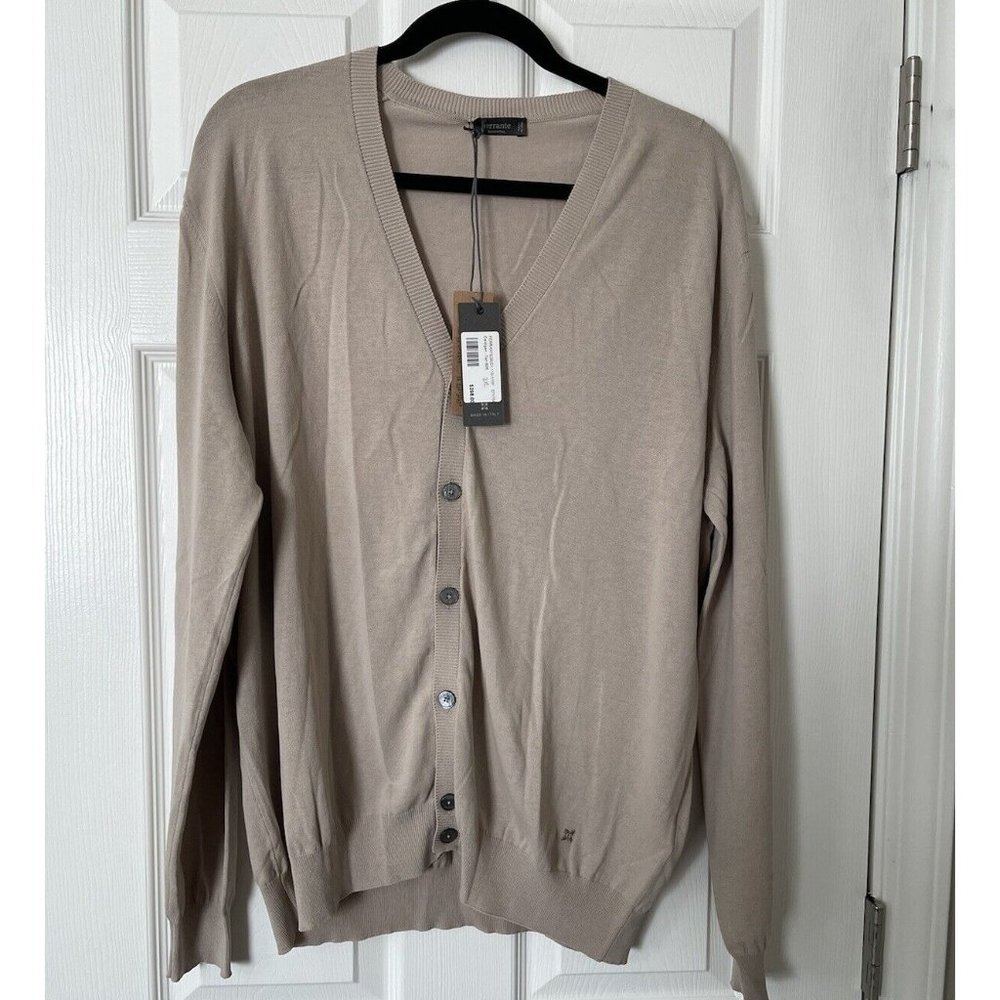 NWT Mens Ferrante Essential Beige 100% Cotton Cardigan - 3XL Made in Italy $298